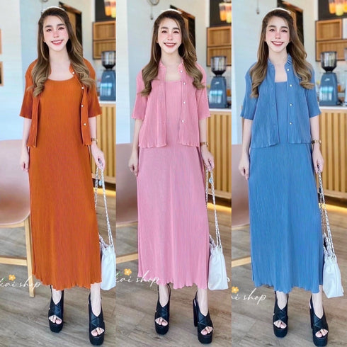 Women Pleated Dress with Ruffle Round Neck Cardigan Sets